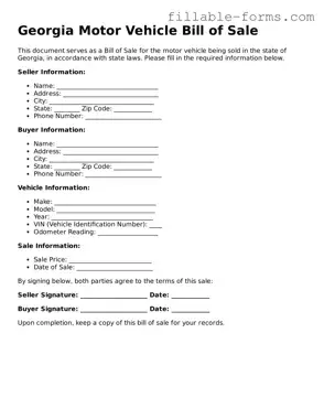 Printable  Motor Vehicle Bill of Sale Form for Georgia