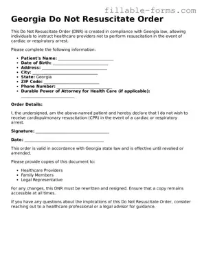 Printable  Do Not Resuscitate Order Form for Georgia