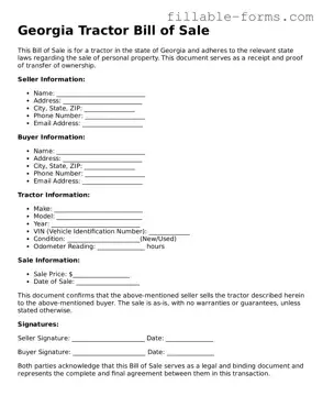 Printable  Tractor Bill of Sale Form for Georgia