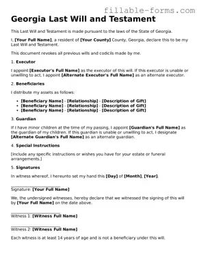 Printable  Last Will and Testament Form for Georgia
