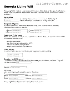 Printable  Living Will Form for Georgia