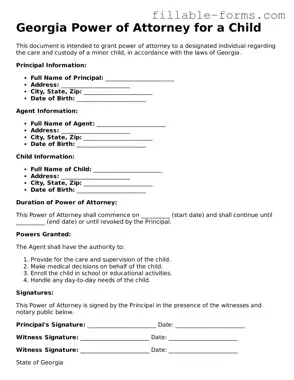 Printable  Power of Attorney for a Child Form for Georgia