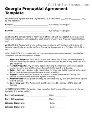 Printable  Prenuptial Agreement Form for Georgia