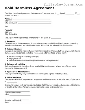 Printable Hold Harmless Agreement Form