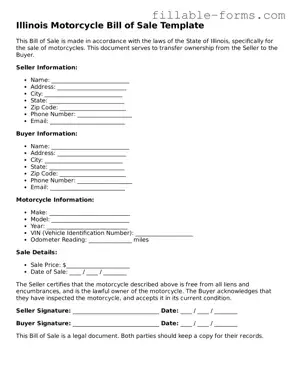 Printable  Motorcycle Bill of Sale Form for Illinois