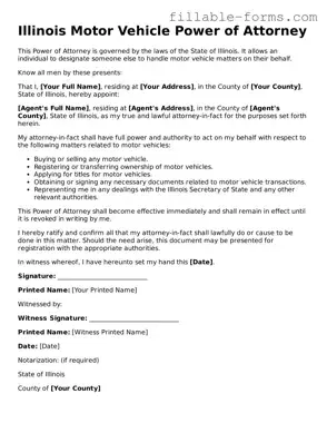 Printable  Motor Vehicle Power of Attorney Form for Illinois
