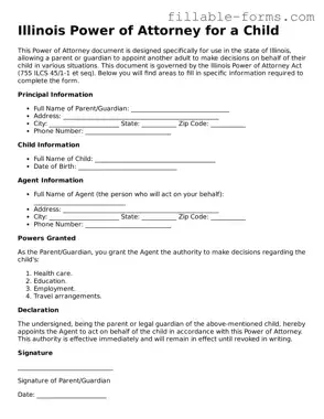 Printable  Power of Attorney for a Child Form for Illinois