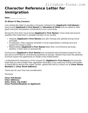 Printable Character Reference Letter for Immigration Form