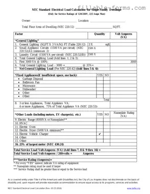 Fill Out a Valid LADBS NEC Standard Electrical Load Calculation Template