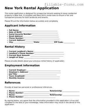 Printable  Rental Application Form for New York