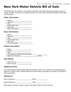 Printable  Motor Vehicle Bill of Sale Form for New York