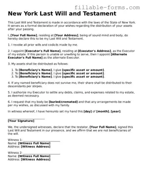 Printable  Last Will and Testament Form for New York