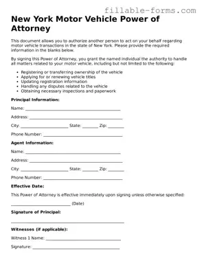 Printable  Motor Vehicle Power of Attorney Form for New York