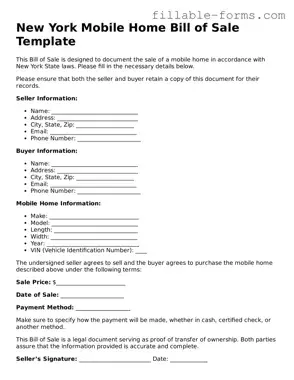Printable  Mobile Home Bill of Sale Form for New York