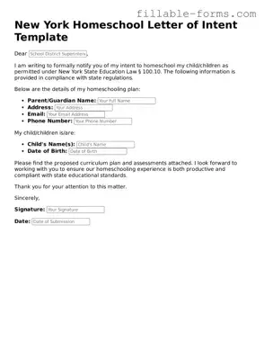 Printable  Homeschool Letter of Intent Form for New York