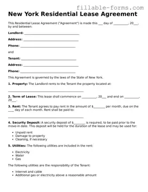Printable  Residential Lease Agreement Form for New York