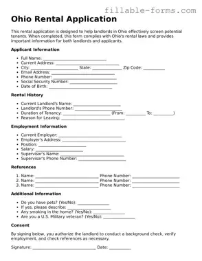 Printable  Rental Application Form for Ohio