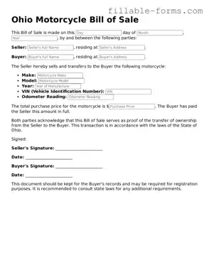 Printable  Motorcycle Bill of Sale Form for Ohio