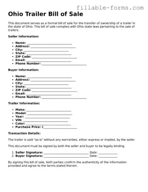 Printable  Trailer Bill of Sale Form for Ohio