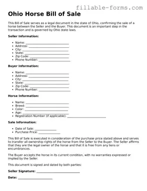 Printable  Horse Bill of Sale Form for Ohio