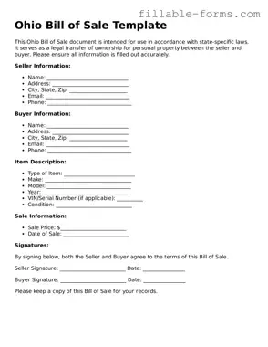 Printable  Bill of Sale Form for Ohio