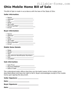 Printable  Mobile Home Bill of Sale Form for Ohio