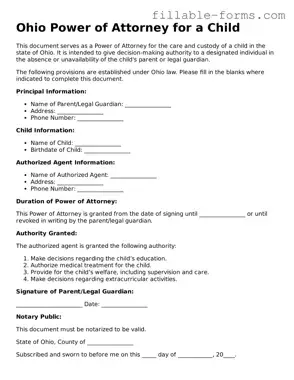 Printable  Power of Attorney for a Child Form for Ohio