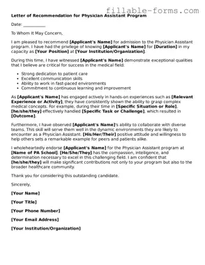 Printable PA School Letter of Recommendation Form
