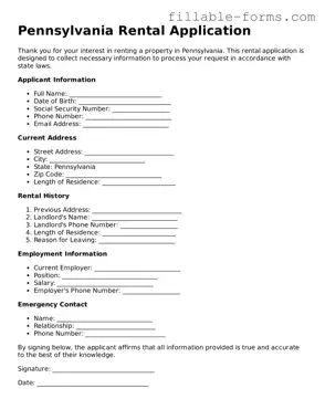 Printable  Rental Application Form for Pennsylvania