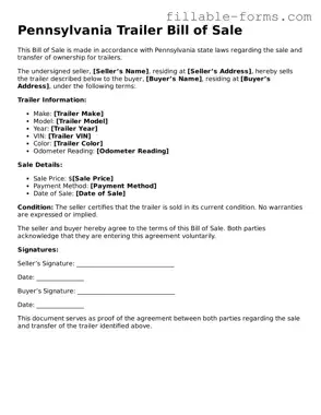 Printable  Trailer Bill of Sale Form for Pennsylvania