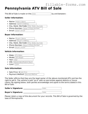 Printable  ATV Bill of Sale Form for Pennsylvania