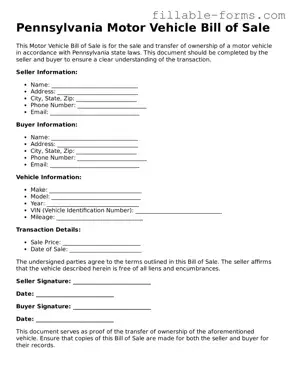 Printable  Motor Vehicle Bill of Sale Form for Pennsylvania
