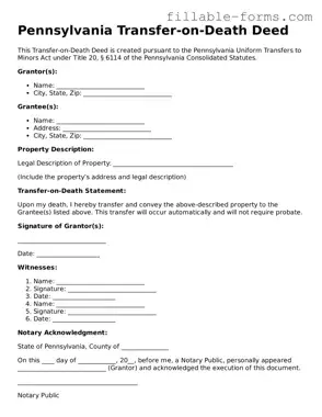 Printable  Transfer-on-Death Deed Form for Pennsylvania