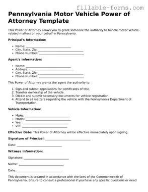 Printable  Motor Vehicle Power of Attorney Form for Pennsylvania