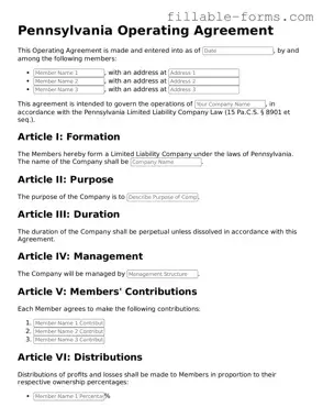 Printable  Operating Agreement Form for Pennsylvania