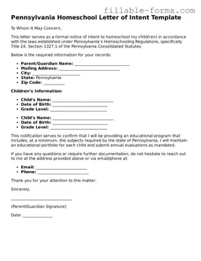 Printable  Homeschool Letter of Intent Form for Pennsylvania