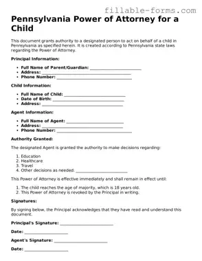 Printable  Power of Attorney for a Child Form for Pennsylvania