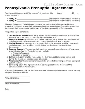 Printable  Prenuptial Agreement Form for Pennsylvania