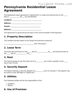 Printable  Residential Lease Agreement Form for Pennsylvania