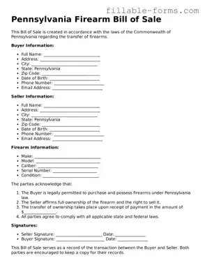 Printable  Firearm Bill of Sale Form for Pennsylvania