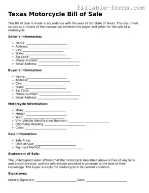 Printable  Motorcycle Bill of Sale Form for Texas