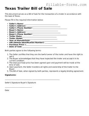 Printable  Trailer Bill of Sale Form for Texas