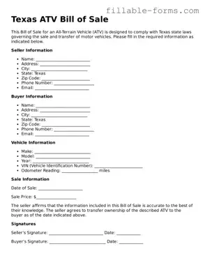 Printable  ATV Bill of Sale Form for Texas