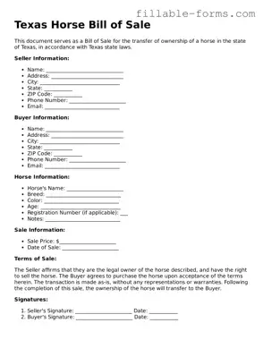 Printable  Horse Bill of Sale Form for Texas