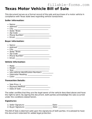 Printable  Motor Vehicle Bill of Sale Form for Texas