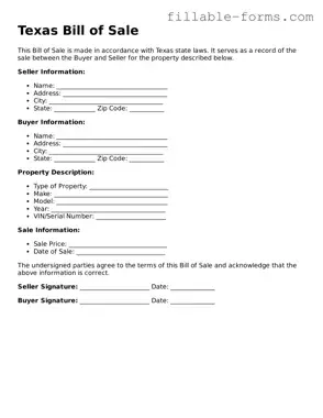 Printable  Bill of Sale Form for Texas