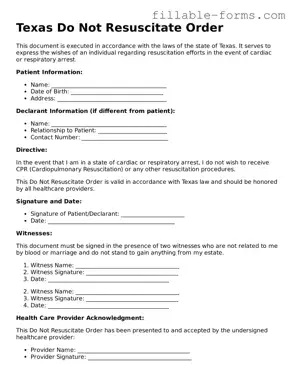 Printable  Do Not Resuscitate Order Form for Texas