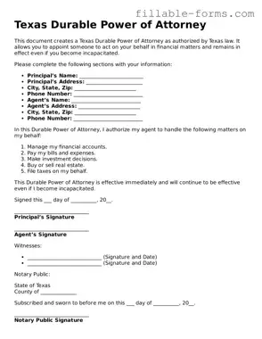 Printable  Durable Power of Attorney Form for Texas