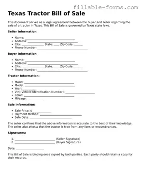 Printable  Tractor Bill of Sale Form for Texas