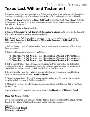 Printable  Last Will and Testament Form for Texas